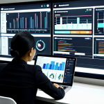 A focused professional Malaysian content strategist, fully clothed in a modest business casual outfit, sitting at a sleek desk in a modern, well-lit office. They are surrounded by multiple screens displaying digital marketing dashboards, intricate data visualizations, and strategic planning tools. One hand gestures towards a projection of a sales funnel, while the other rests on a tablet showing a buyer persona. The atmosphere is innovative and determined. safe for work, appropriate content, fully clothed, professional dress, perfect anatomy, correct proportions, natural pose, well-formed hands, natural body proportions, high-quality, professional photography, cinematic lighting.