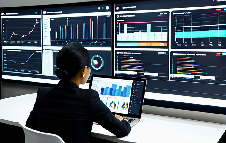 A focused professional Malaysian content strategist, fully clothed in a modest business casual outfit, sitting at a sleek desk in a modern, well-lit office. They are surrounded by multiple screens displaying digital marketing dashboards, intricate data visualizations, and strategic planning tools. One hand gestures towards a projection of a sales funnel, while the other rests on a tablet showing a buyer persona. The atmosphere is innovative and determined. safe for work, appropriate content, fully clothed, professional dress, perfect anatomy, correct proportions, natural pose, well-formed hands, natural body proportions, high-quality, professional photography, cinematic lighting.