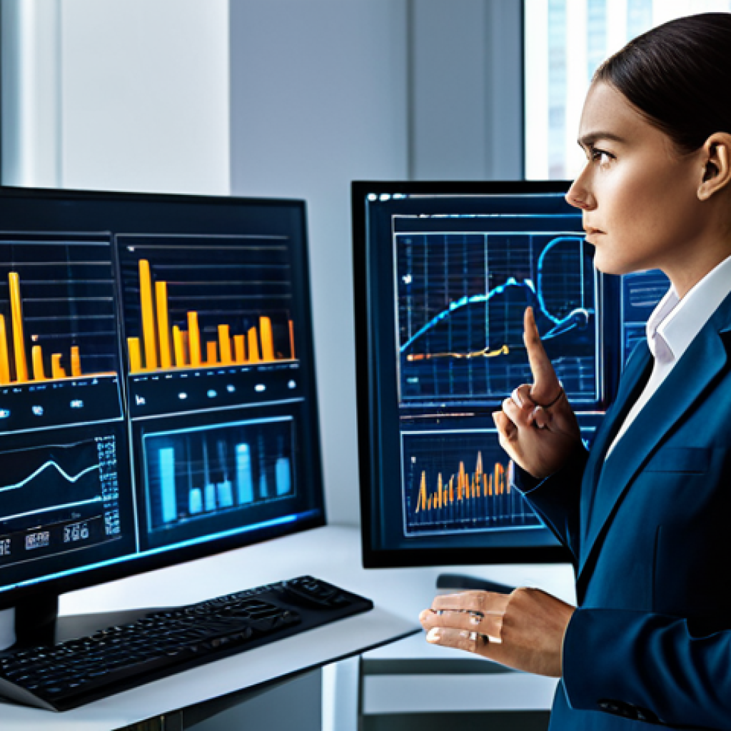 A professional business analyst, fully clothed in a modest business suit, intently observing holographic data projections and sleek, large monitor screens that display complex, elegant charts and graphs related to AI-driven predictive analytics and content performance. The modern office environment is sophisticated with futuristic lighting. perfect anatomy, correct proportions, natural pose, well-formed hands, proper finger count, natural body proportions, professional photography, high quality, safe for work, appropriate content, professional.