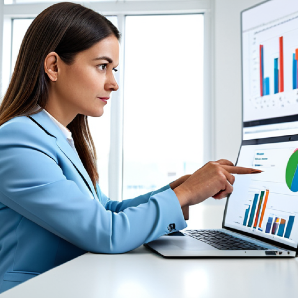 **
A businesswoman in a modern, brightly lit office, analyzing data on a laptop. Charts and graphs are displayed on the screen. She is dressed in professional attire, fully clothed. The scene emphasizes a data-driven approach to content strategy and performance measurement. Keywords: "safe for work," "appropriate content," "professional," "data analysis," "office environment," "fully clothed." Perfect anatomy, correct proportions, natural pose, well-formed hands, proper finger count, natural body proportions, high quality.
**
