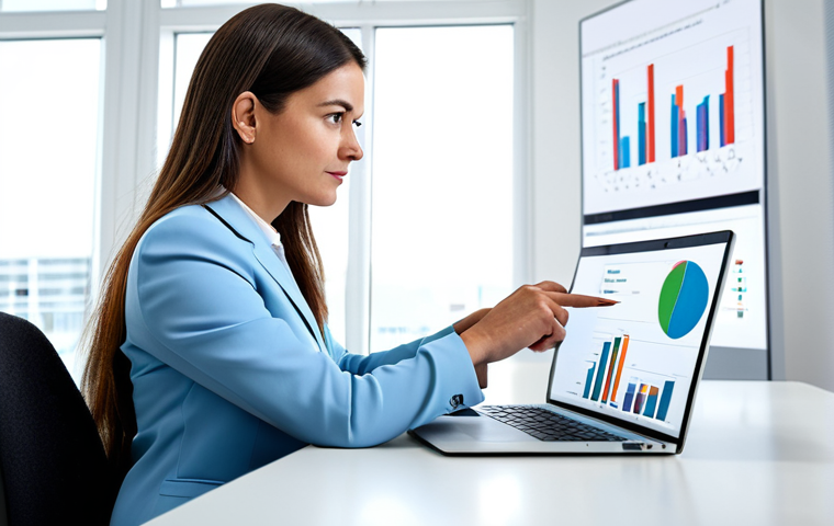**
A businesswoman in a modern, brightly lit office, analyzing data on a laptop. Charts and graphs are displayed on the screen. She is dressed in professional attire, fully clothed. The scene emphasizes a data-driven approach to content strategy and performance measurement. Keywords: "safe for work," "appropriate content," "professional," "data analysis," "office environment," "fully clothed." Perfect anatomy, correct proportions, natural pose, well-formed hands, proper finger count, natural body proportions, high quality.
**