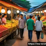 Home 22 콘텐츠 마케팅의 지역적 요소 고려하기 - A vibrant digital marketing scene set in a traditional Malaysian market at dusk, featuring diverse l...