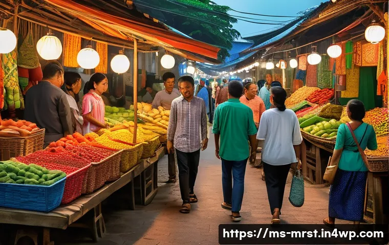 콘텐츠 마케팅의 지역적 요소 고려하기 - A vibrant digital marketing scene set in a traditional Malaysian market at dusk, featuring diverse l...