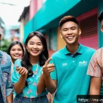 Home 21 주제에 맞는 콘텐츠 아이디어 브레인스토밍 - A vibrant Malaysian urban scene showing a diverse group of young adults filming a humorous TikTok vi...