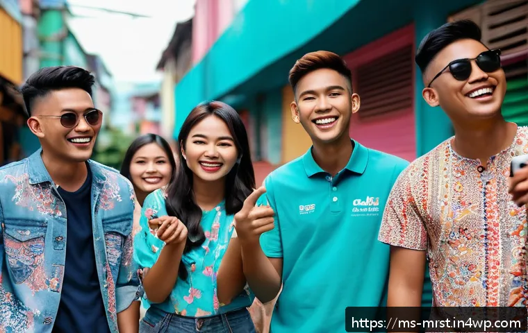 주제에 맞는 콘텐츠 아이디어 브레인스토밍 - A vibrant Malaysian urban scene showing a diverse group of young adults filming a humorous TikTok vi...
