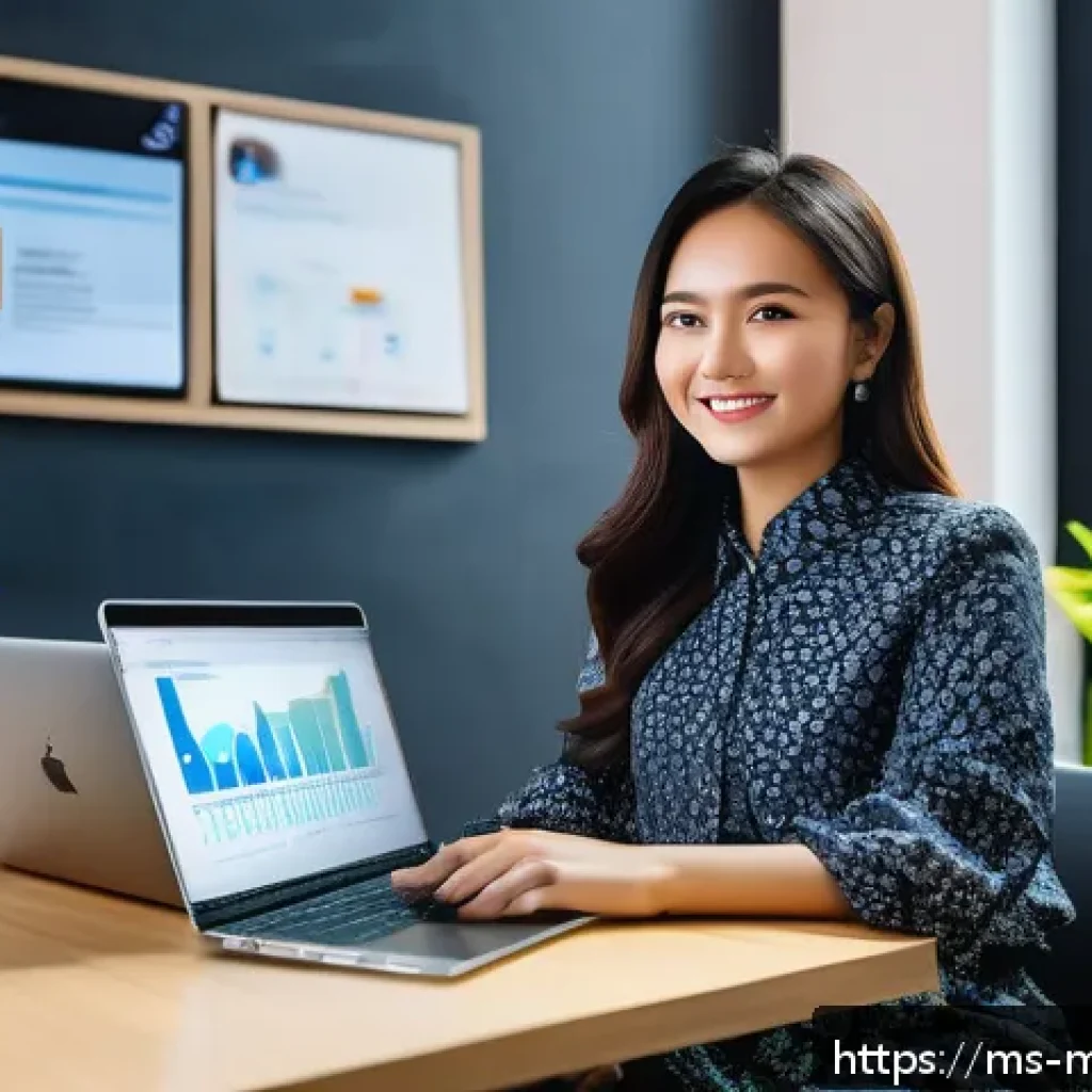 효율적인 콘텐츠 배포 전략 수립 - A vibrant digital marketing workspace scene featuring a young Malaysian professional woman sitting a...