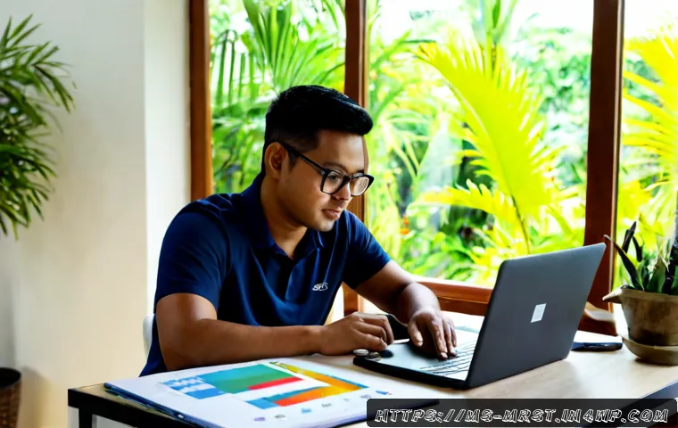 Home 17 성공적인 블로그 콘텐츠 마케팅 전략 - Photorealistic Malaysian content marketer working at a clean home office desk, reviewing colorful bu...